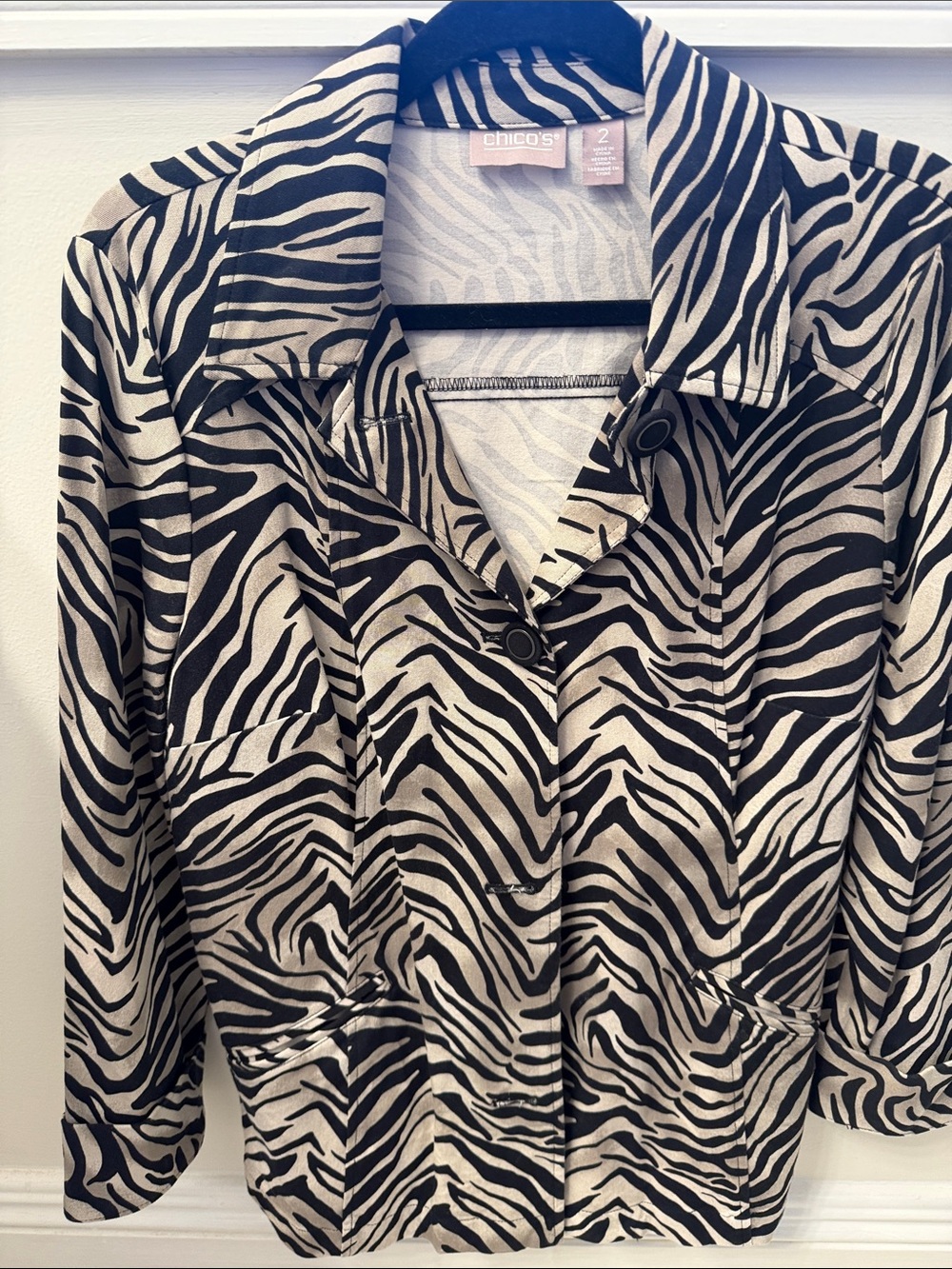 Chico's Black and Cream Zebra-Stripe Jacket with pockets